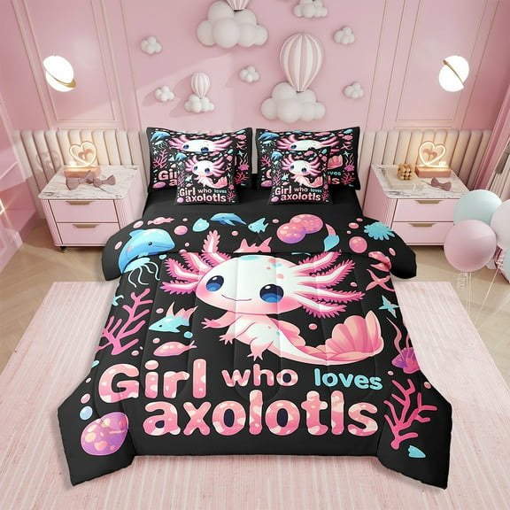 Axolotl Bed In A Bag With Sheets Ocean Animal Bedding Set,Pink Kawaii Cartoon Axolotl Sea Fish Twin Comforter Set 7 Piece Blue Bubble Coral Whale Bed Set