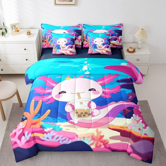 Axolotl Twin Comforter Set 7 Piece Cute Animal Bedding Set For Teen Room Decor,Cartoon Ocean Sealife Salamander Bed In A Bag Milk Tea Coral Reef Pink Princess Bed Set