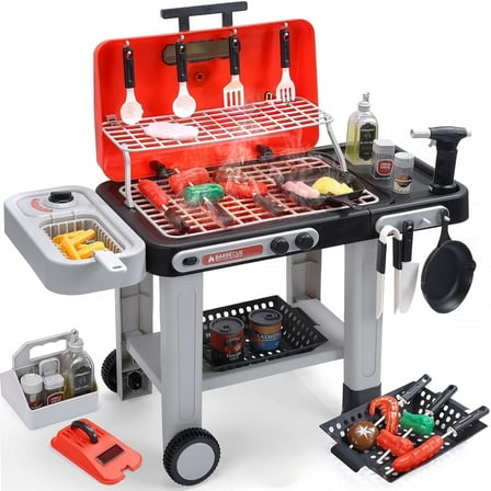 Kids BBQ Grill Playset, Kitchen Playset with Smoke Sound Light and Wheel, Movable Pretend Play Toy Grills Kitchen Set for Kids Ages 4-8, 2-Layer Outdoor Cooking Toys for Toddlers 3-5 Birthday Gifts