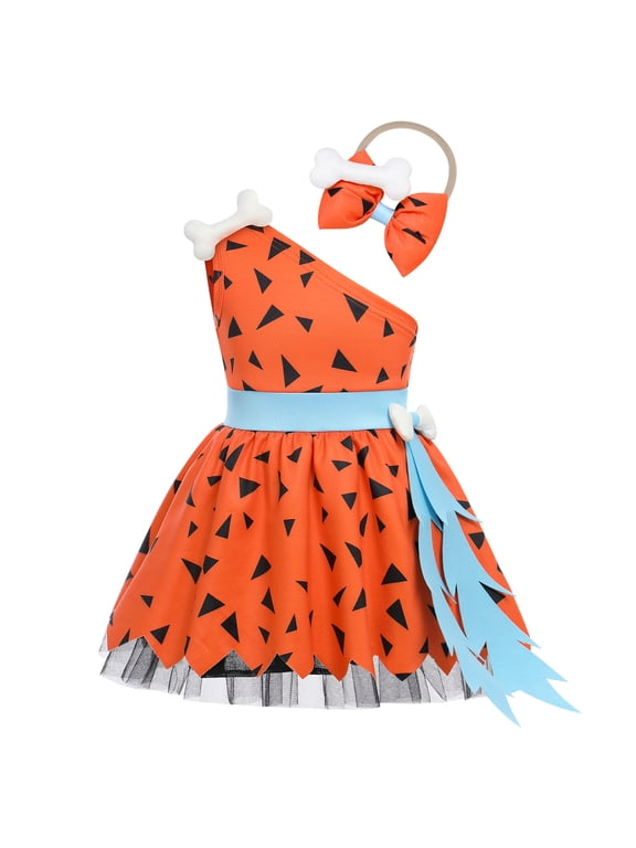 Kids Baby Bam Bam Costume Flintstone Costume Caveman Cavegirl Historical Stone Age Themed Birthday Outfit for Girls Boys Halloween Cosplay Dress Up Photo Shoot 2-3 Years Girl - Orange