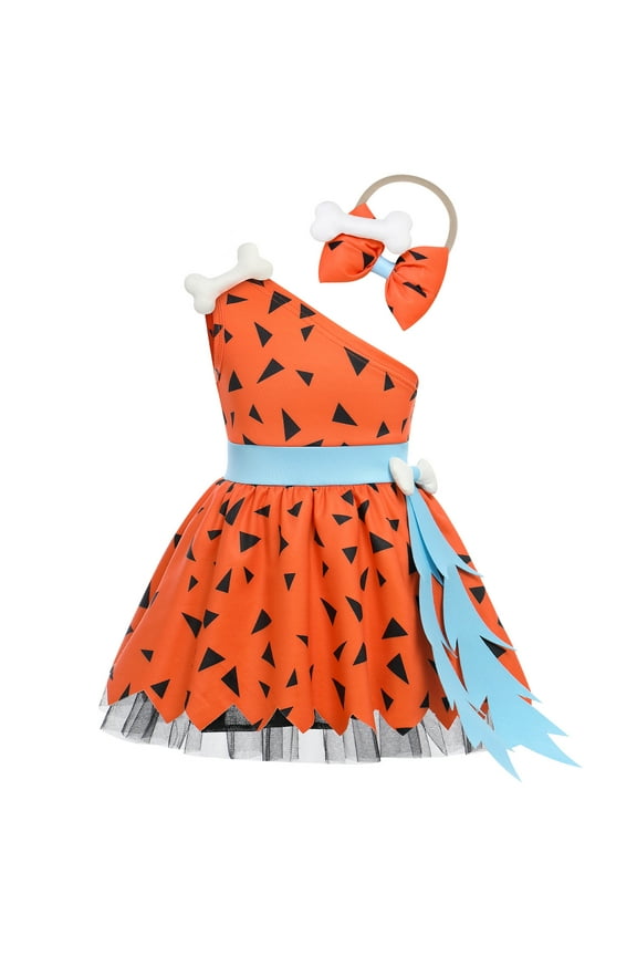 Kids Baby Bam Bam Costume Flintstone Costume Caveman Cavegirl Historical Stone Age Themed Birthday Outfit for Girls Boys Halloween Cosplay Dress Up Photo Shoot 2-3 Years Girl - Orange