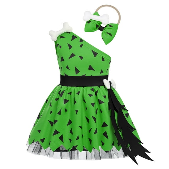Kids Baby Bam Bam Costume Flintstone Costume Caveman Cavegirl Historical Stone Age Themed Birthday Outfit for Girls Boys Halloween Cosplay Dress Up Photo Shoot 2-3 Years Girl - Dark Green