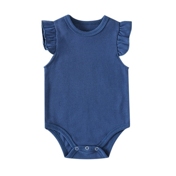 Kids Baby Bodysuit Summer Ruffle Short Sleeve Bodysuit Knitted Solid Casual Plain Blouse Top Blue Kid Undershirt 9-12M