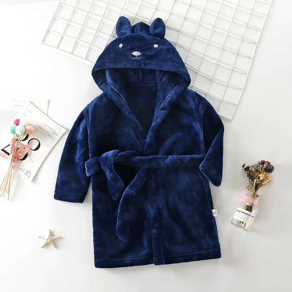 Kids Baby Boys Girls Hooded Warm Flannel Towel Robe Bathrobe Soft Pajamas Sleepwear Navy 2-3 Years