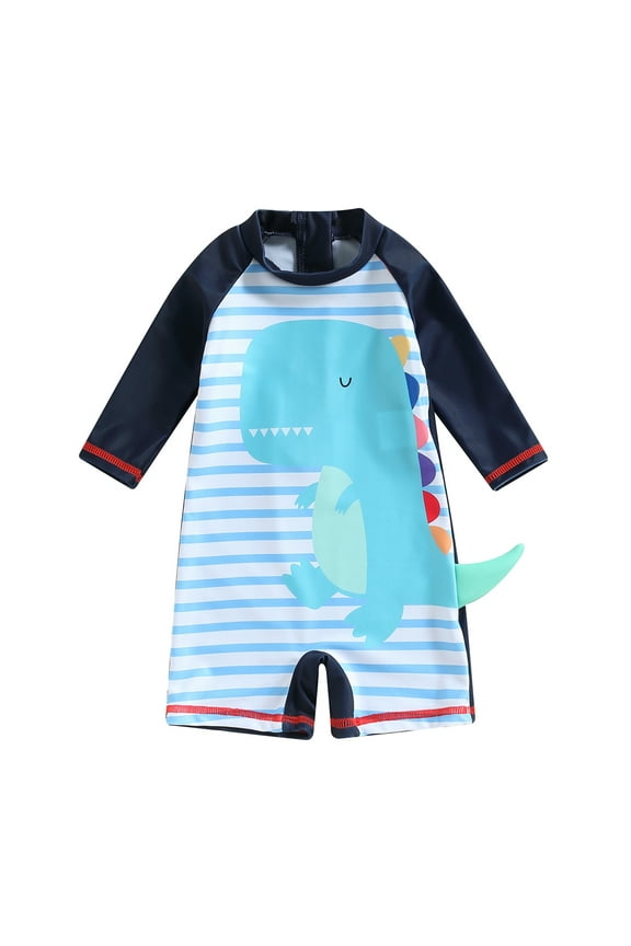 Kids Baby Boys One Piece Swimsuits Little Boys Long Sleeve Dinosaur Stripes Print Short Jumpsuit with Rash Guards Beach Bathing Wear 1-6T