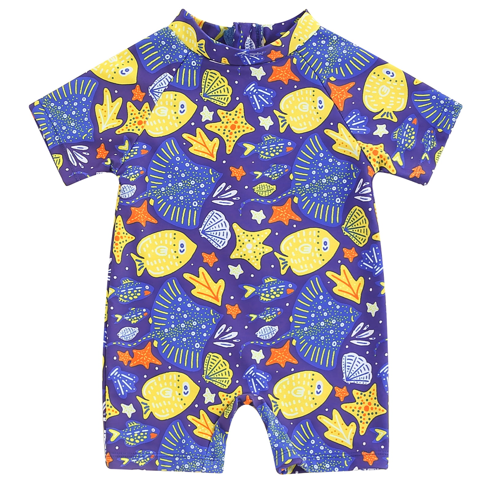 Kids Baby Boys Rash Guard Swimsuit Cute Fish Print Short Sleeve Zip Up