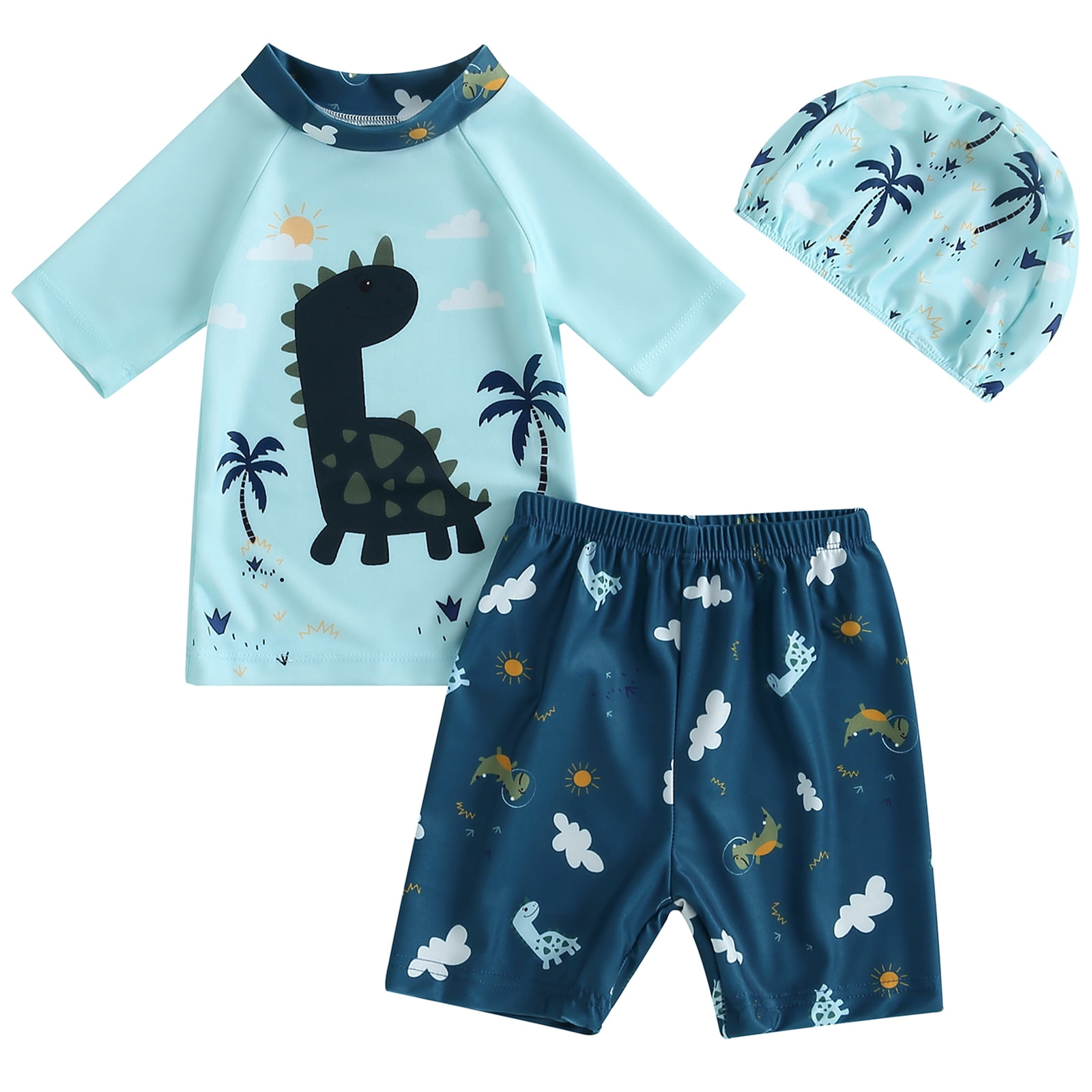 Babyhug Half Raglan Sleeves Two Piece Swimsuit With Dino Print & Swimming Cap - Yellow main image 0