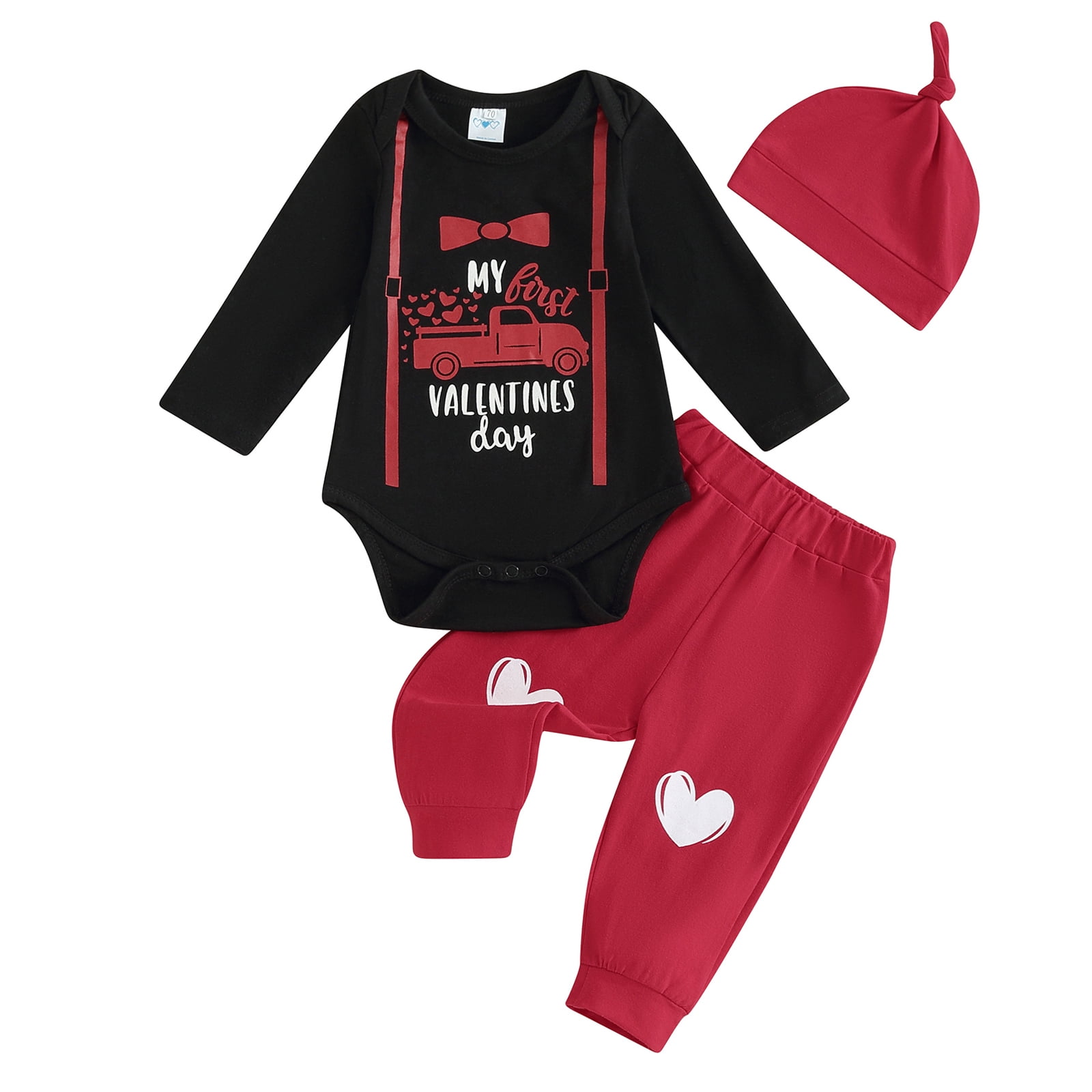 Kids Baby Boys Valentine s Day Outfits Set Truck Print Romper Pants Hat 3pcs Clothes Suit 3 6