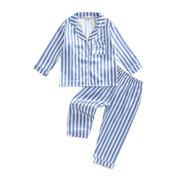Kids Baby Girl Boy Silk Satin Pajamas Set Striped Long Sleeve Button Down Sleep Shirt Lounge Pants Pjs Sleepwear