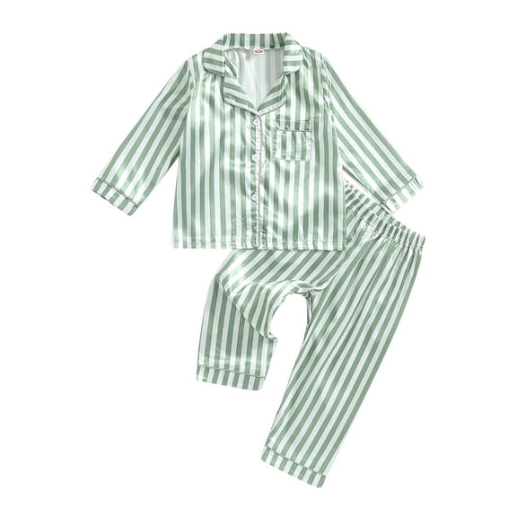 Kids Baby Girl Boy Silk Satin Pajamas Set Striped Long Sleeve Button Down Sleep Shirt Lounge Pants Pjs Sleepwear