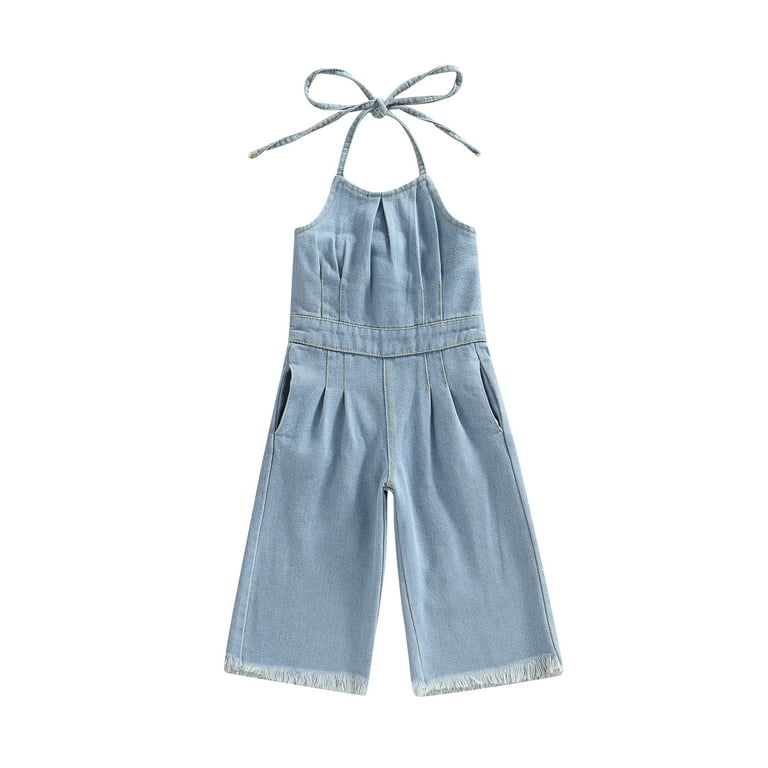 Kids Baby Girl Denim Overalls Jumpsuit Tie Up Halterneck Bandage Sleeveless Backless One Piece Denim Wide Long Leg Playsuit Walmart