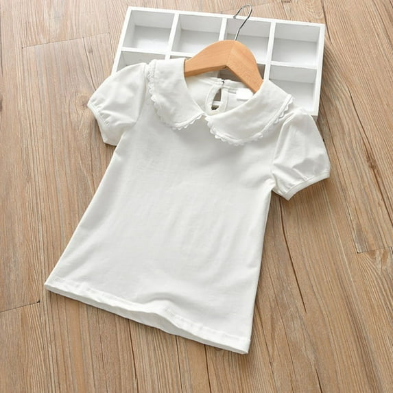 Kids Baby Girl Long Sleeve Collar Shirt Toddler White Blouse Puff Short Sleeve T-Shirt Solid Color Basic Top Bottom, 6 Months-6Y