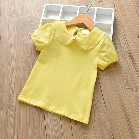 Kids Baby Girl Long Sleeve Collar Shirt Toddler White Blouse Puff Short Sleeve T-Shirt Solid Color Basic Top Bottom, 6 Months-6Y