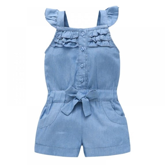 Baby Girls Rompers Lace Denim Vest Shorts Boat Neck Summer Dress for Age 1-5 Years Blue