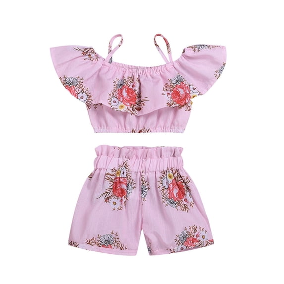 Kids Baby Girl Summer Floral Outfit Toddler Ruffle Tank Crop Top Shorts Clothes Set Two Piece 1-6T