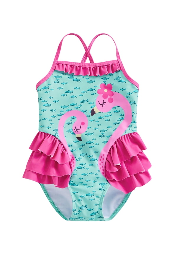 Kids Baby Girl Summer Swimming Suit Flamingo Little Fish Print Sleeveless Ruffle Hem Sling Bathing Suit Beachwear