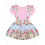BULLPIANO Kids Baby Girl Toddler Easter Outfit Set Child Short Sleeve Top T shirt Bunny Suspender Skirt