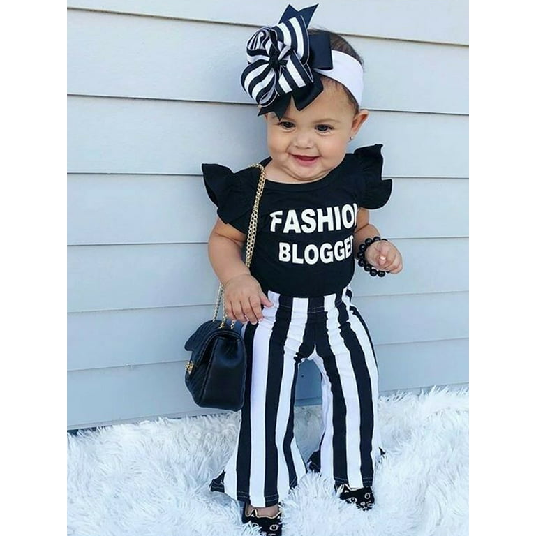 Kids Baby Girl Top T-shirt+Striped Bell Bottom Pants Leggings Outfit Clothes  