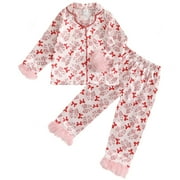 LOUATUI Kids Baby Girls 2Pcs Christmas Pajamas Long Sleeve Bow/Mug Print Fuzzy Feather Trim Shirt Pants Set Sleepwear