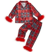 LOUATUI Kids Baby Girls 2Pcs Christmas Pajamas Set Long Sleeve Feather Trim Shirt Pants Set Toddler Sleepwear