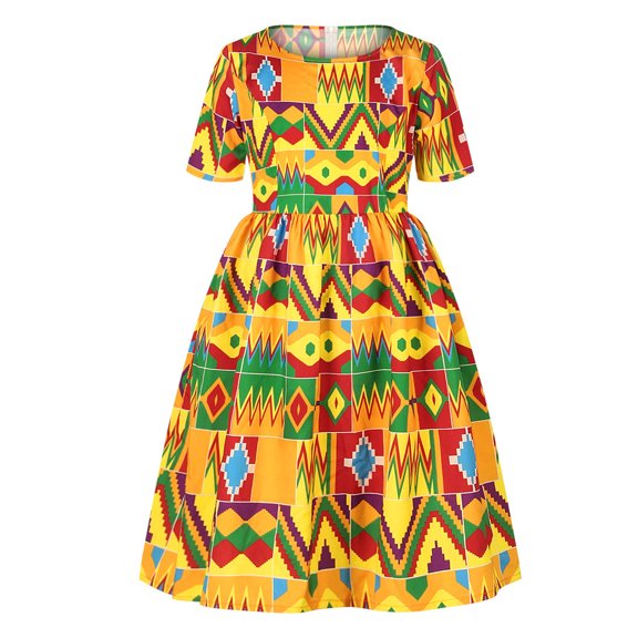 Kids Baby Girls African Dashiki Dress Traditional Ethnic Style Short Sleeve Crewneck Princess Dresses Clothes