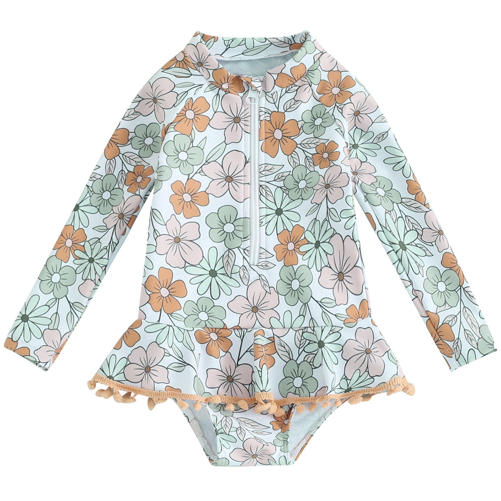 Kids Baby Girls Bikini Long Sleeve Swimsuit Flower Print Zipped
