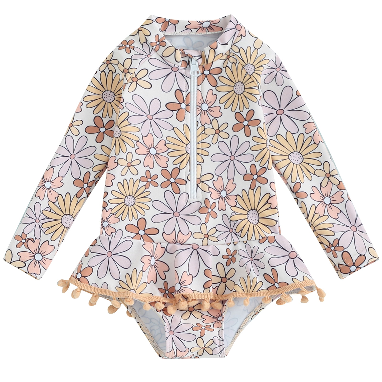 Kids Baby Girls Bikini Long Sleeve Swimsuit Flower Print Zipped
