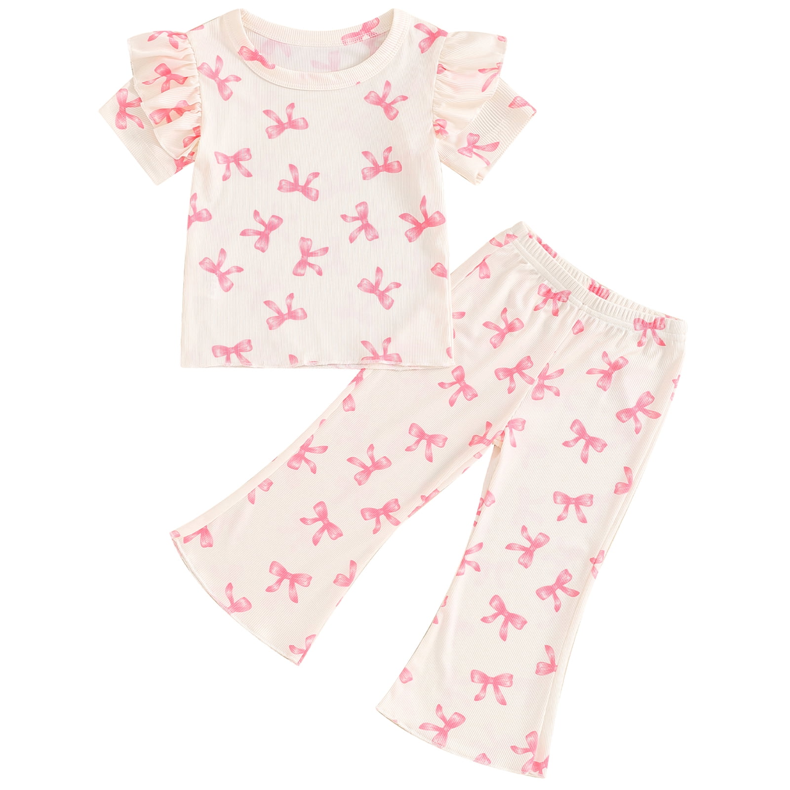 Kids Baby Girls Bowknot Outfits Set Bow Print Short Sleeve T-shirt with Flare Pants Summer Clothes 3-4 Years