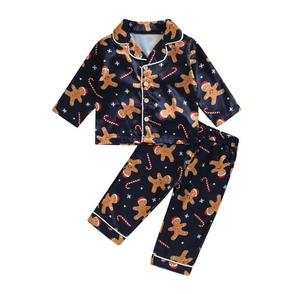 Kids Baby Girls Boys Christmas Pajamas Set 6M 12M 18M 24M 3Y 4Y Gingerbread Man/Elk Print Long Sleeve Button Shirt Long Pants 2Pcs Loungewear