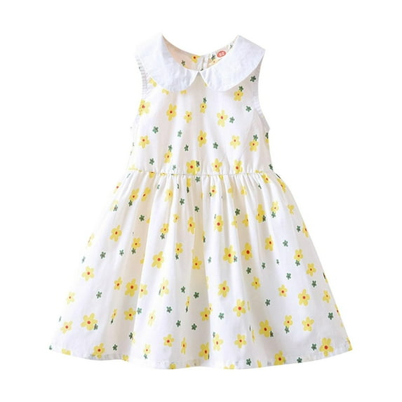 Kids Baby Girls Casual Cotton Dress Toddler Smocking Dress Floral Print Sundress for Spring Summer Round Neck Sleeveless Sundress Girls Homecoming Dresses Yellow 110
