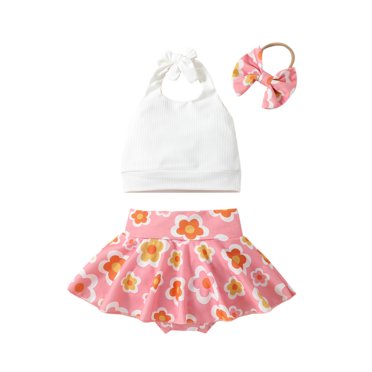 Toddler Girl Summer Outfit Set - Halterneck Vest + Flower Shorts + Headband