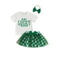 thumbnail image 1 of Kids Baby Girls Skirt Clothing Set, 6 12 18 24 Months 2T 3T 4T Short Sleeve Letters Print T-shirt with Plaid Tulle Skirt Headband Summer Outfit, 1 of 9