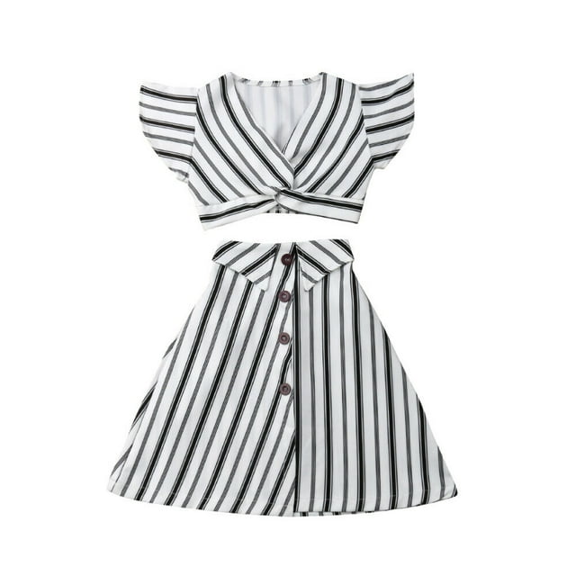 Kids Baby Girls Sleeveless Crop Tops+A-line Skirt Striped Clothes Outfit Set