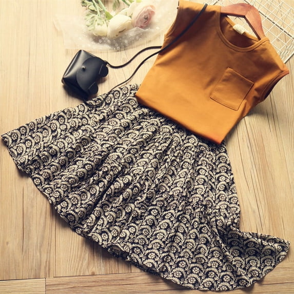 Kids Baby Girls Solid Tank Tops T shirt + Flare Skirt Outfit Set Summer Clothes