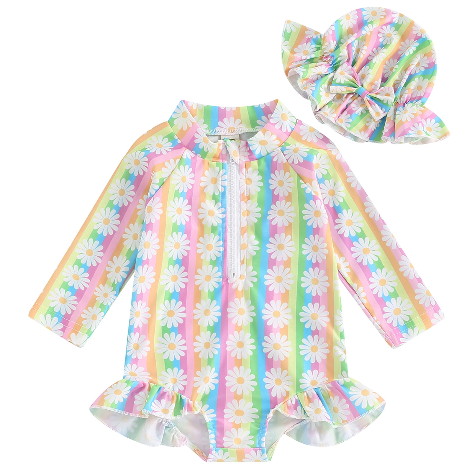 Kids Baby Girls Swimsuit Zip Up Long Sleeve Rash Guard Floral Swimwear ...