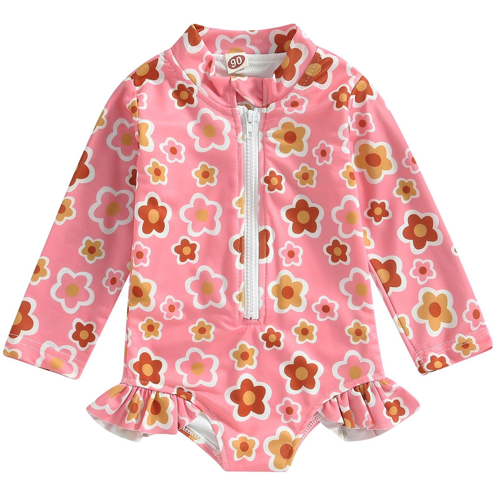 Kids Baby Girls Swimsuits Summer Floral Long Sleeve Zipper Ruffles