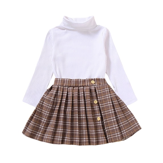 Kids Baby Girls Two-piece Outfits Set Solid Color Turtleneck Knitwear Tops Sweater + Pleated Skirt 0-5T