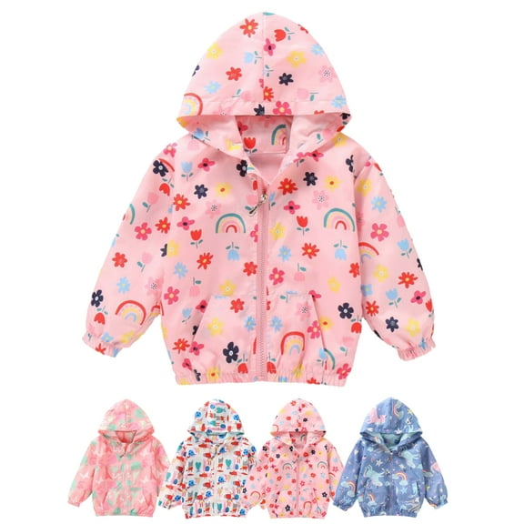 Kids Baby Toddler Girls Cartoon Spring Outerwear Windbreaker Zipper Hooded Jackets Coat 3-8 Years