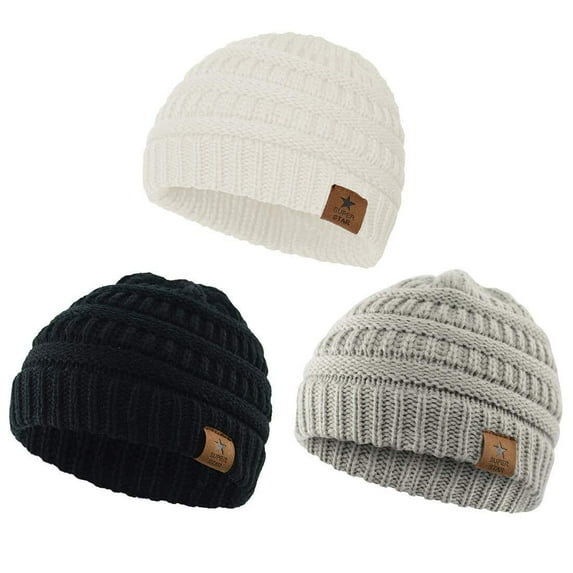 Kids Baby Winter Hat Warm Cozy Infant Toddler Beanie for Boys Girls Chunky Baby Beanies 3 Pack Black & White & Light Grey 6-36 Months