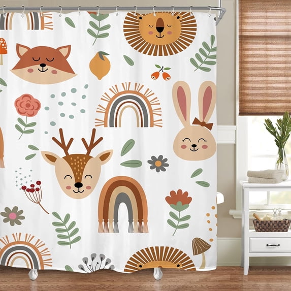 Kids Baby Woodland Boho Shower Curtain for Bathroom Accessories 72Wx72H Inch Animals Cartoon Cute Funny Colorful Flowers Rainbow Children Fabric Bathroom Decor 12 Pack Plastic Hooks