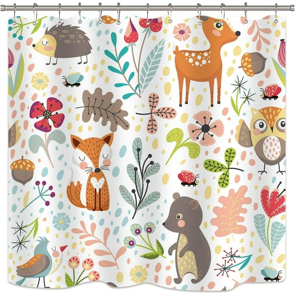 Kids Baby Woodland Shower Curtain Animals Cartoon Girls Children''s Cute Cartoon Funny Colorful Weeds Plants Fox Waterproof Fabric Bathroom Decor Set 72Wx72H Inch 12 Pack Plastic Hooks