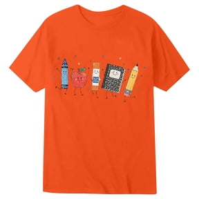 Kids Back To School Graphic Short Sleeve T-Shirt, Unisex Crew Neck Cute School Supply Print Casual Tee for Boys Girls Daily School Outdoor Wear(Orange,1-2 Years)