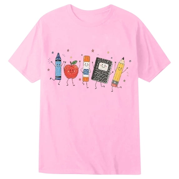 Kids Back To School Graphic Short Sleeve T-Shirt, Unisex Crew Neck Cute School Supply Print Casual Tee for Boys Girls Daily School Outdoor Wear(Pink,8-9 Years)