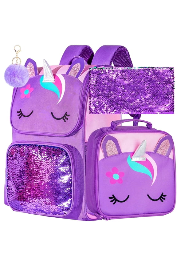 3PCS Unicorn Backpack Set for Girls, 15" Sequin Bookbag with Lunch Box, Versatile School Bag for Preschool & Early Elementary - Purple
