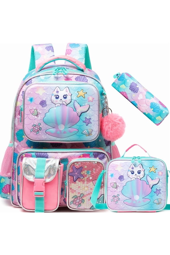 Kids Backpack for School Backpacks for Girls School Bookbag with Lunch Box Pen Bag for Primary And Elementary Cat