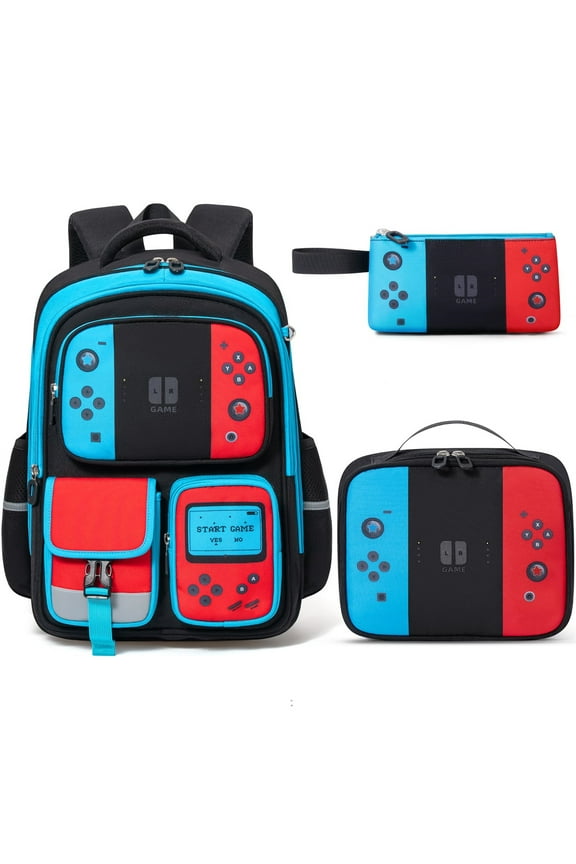 Kids Backpack for School Boys, 3 PCS Gamer Teen Boys Backpack with Lunch Box & Pencil Case, Black
