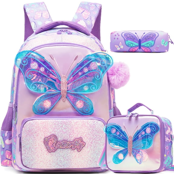 Kids Backpack for Girls Cute School Backpacks with Lunch Box Pen Bag for Pupil Bookbag Ages 6-12 Purple Butterfly