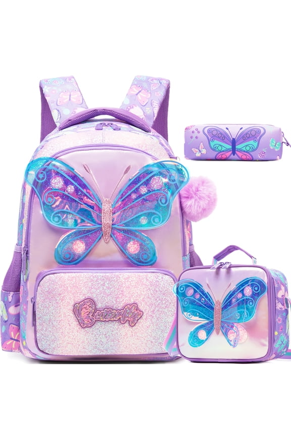 Kids Backpack for Girls Cute School Backpacks with Lunch Box Pen Bag for Pupil Bookbag Ages 6-12 Purple Butterfly