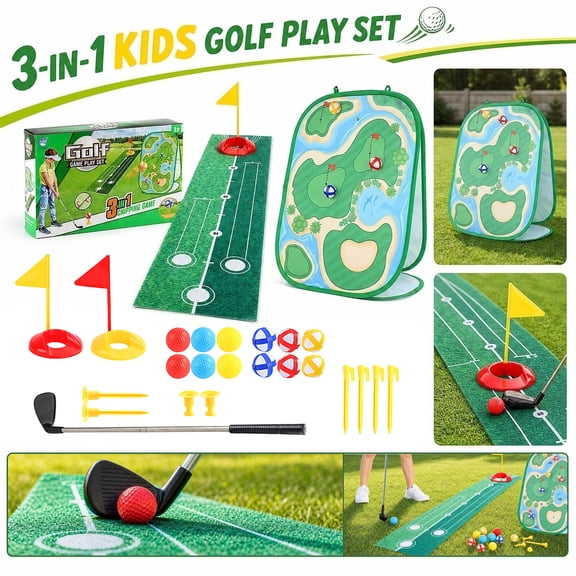 Kids Backyard Golf Kit, Golf Mats Practice Outdoor, Practice Golf Balls for Backyard, Yard Toys for Student Ages 4-8, 3-In-1 Foldable Golf Chipping Cornhole Game Set, Full Parts