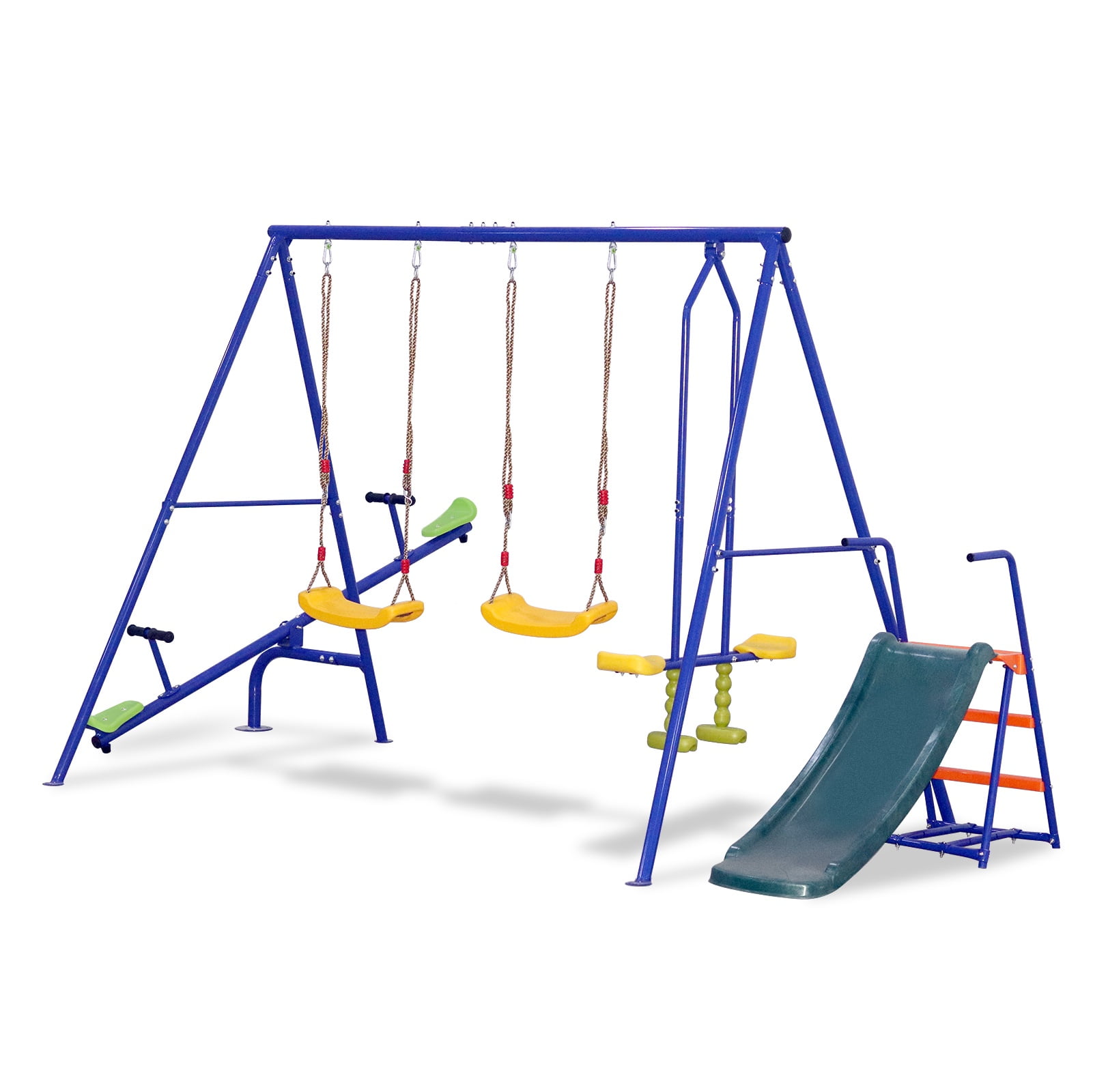 5 in 1 Metal Swing Set for Outside, Kids Backyard Swing Set with Swing Chair, Slide, Glider, Ground Nail, Outdoor Backyard Playground Swing Sets for 3-8 Year, Max Weight 700 lbs